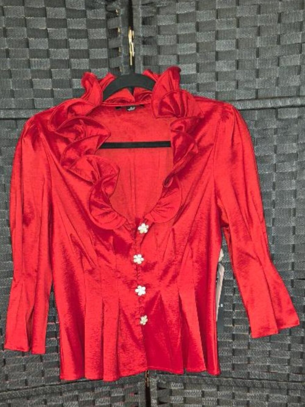 Chetta B Vintage Y2K Ruffled Satin Blouse Vibrant Red